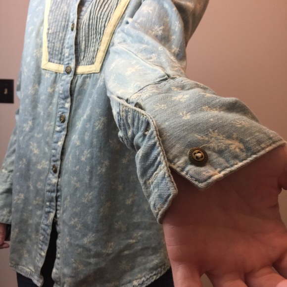 Free People Blue Denim Printed Button Down Top - Picture 7 of 8